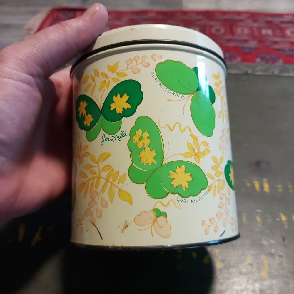 Vintage Jean Nate Butterfly Dusting Powder Tin Charles of the Ritz 5" 1970 Decor
